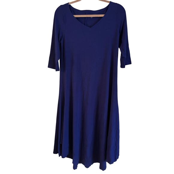 Eileen Fisher Navy Midi Shirt Dress V Neck Half Sleeves Size Small Flare - Picture 1 of 7